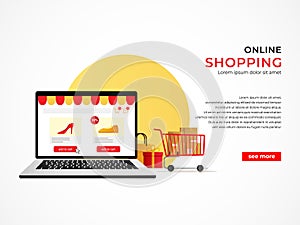 Digital marketing, store, e-commerce shopping concept banner, online shop on laptop illustration