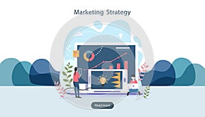 digital marketing strategy concept with tiny people character, table, graphic object on computer screen. online social media