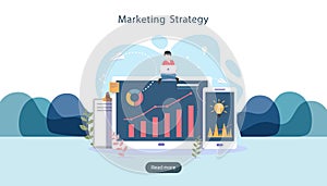 digital marketing strategy concept with tiny people character, table, graphic object on computer screen. online social media