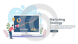 digital marketing strategy concept with tiny people character, table, graphic object on computer screen. online social media