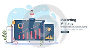 digital marketing strategy concept with tiny people character, table, graphic object on computer screen. online social media