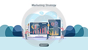 digital marketing strategy concept with tiny people character, table, graphic object on computer screen. online social media