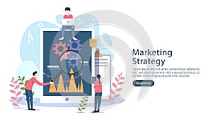 digital marketing strategy concept with tiny people character, table, graphic object on computer screen. online social media