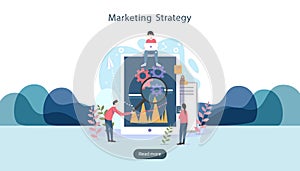 digital marketing strategy concept with tiny people character, table, graphic object on computer screen. online social media