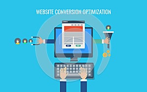 Website conversion optimization, inbound marketing strategy, sales funnel, money, content promotion. Flat design vector banner. photo