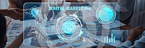 Digital Marketing Strategy Visualization with Data Analysis and Team Collaboration in Modern Workspace Trope