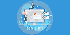 Digital marketing team analyzing customer profile, tracking customer behavior, targeting new prospect of clients. Flat banner.