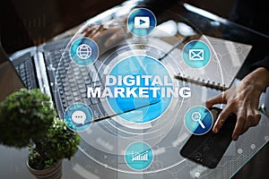 DIgital marketing technology concept. Internet. Online. Search Engine Optimisation. SEO. SMM. Advertising.