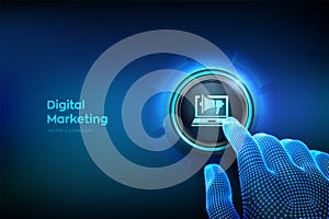 DIgital marketing technology concept. Internet. Online. Search Engine Optimisation. SEO. SMM. Advertising. Closeup finger about to