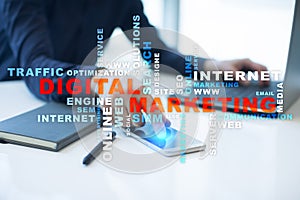 DIgital marketing technology concept. Internet. Online. Search Engine Optimisation. SEO. SMM. Advertising. Words cloud.