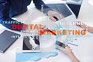 DIgital marketing technology concept. Internet. Online. Search Engine Optimisation. SEO. SMM. Advertising. Words cloud.