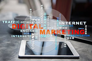 DIgital marketing technology concept. Internet. Online. Search Engine Optimisation. SEO. SMM. Advertising. Words cloud. photo
