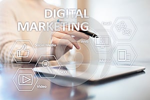 Digital marketing technology concept. Internet. Online. Search Engine Optimisation. SEO. SMM. Video Advertising.
