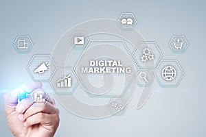 Digital marketing technology concept. Internet. Online. Search Engine Optimisation. SEO. SMM. Video Advertising.