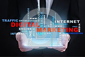 DIgital marketing technology concept. Online. SEO. SMM. Advertising. Words cloud