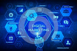 DIgital marketing technology concept on virtual screen. Internet. Online. Search Engine Optimisation. SEO. SMM. Advertising.