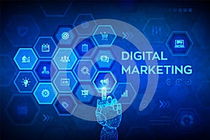 DIgital marketing technology concept on virtual screen. Internet. Online. Search Engine Optimisation. SEO. SMM. Advertising.