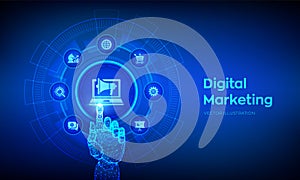 DIgital marketing technology concept on virtual screen. Internet. Online. Search Engine Optimisation. SEO. SMM. Advertising.