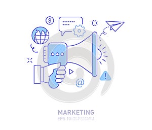 Digital marketing - Vector flat line design style icon - Hand holding megaphone icon