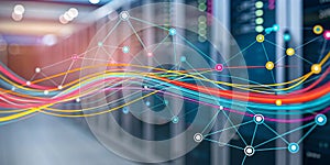 Digital marketing visualization with colorful data flow and server background. This abstract representation highlights