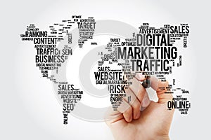 Digital Marketing word cloud in shape of world map, business concept background