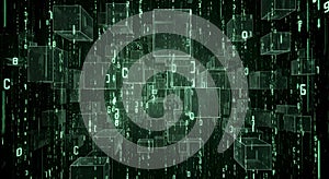 Digital Matrix Abstract Falling Numbers and Transparent Cubes in Green Binary Code Flow