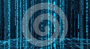 Digital matrix background with falling blue binary code data streams and grid floor