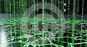 Digital Matrix Background Green Binary Code Falling on Circuit Board