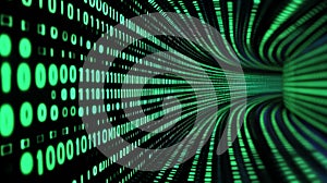 Digital matrix background with green binary code flowing through space