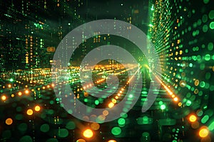 Digital matrix background with green binary code and light rays, creating an abstract digital space for text or graphics. in