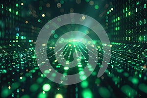 Digital matrix background with green binary code and light rays, creating an abstract digital space for text or graphics. in