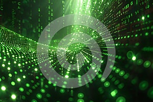 Digital matrix background with green binary code and light rays, creating an abstract digital space for text or graphics. in