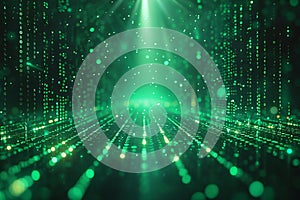 Digital matrix background with green binary code and light rays, creating an abstract digital space for text or graphics. in