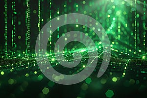 Digital matrix background with green binary code and light rays, creating an abstract digital space for text or graphics. in