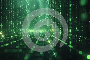 Digital matrix background with green binary code and light rays, creating an abstract digital space for text or graphics. in