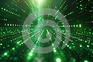 Digital matrix background with green binary code and light rays, creating an abstract digital space for text or graphics. in