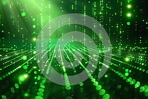 Digital matrix background with green binary code and light rays, creating an abstract digital space for text or graphics. in