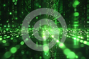 Digital matrix background with green binary code and light rays, creating an abstract digital space for text or graphics. in