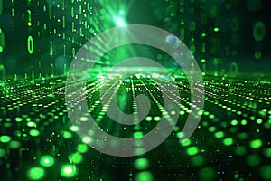 Digital matrix background with green binary code and light rays, creating an abstract digital space for text or graphics. in