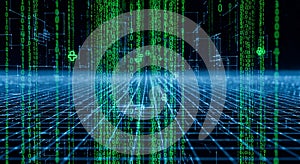 Digital Matrix with Binary Code and Network Grid - Futuristic Technology Concept