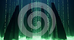 Digital Matrix Cityscape Futuristic Skyline with Falling Binary Code