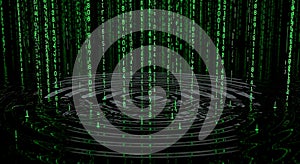 Digital Matrix Code Rain Symbolizing Technology, Data, and Information Flow into Water