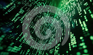 Digital Matrix Code Visualization with Green Binary Data Flowing in 3D Space