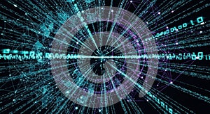 Digital matrix displaying binary code and data flow across a futuristic interface
