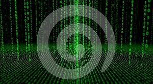 Digital Matrix of Falling Green Binary Code on Black Background data technology