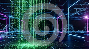 Digital Matrix Flow Abstract Network Data Stream with Binary Code and Neon Geometry