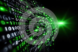 Digital matrix with glowing green binary code in dark background creating a futuristic atmosphere