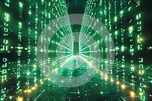 A digital matrix of green binary code, with rays of light emanating from the center and reflecting off each other to create a