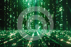 A digital matrix of green binary code, with rays of light emanating from the center and reflecting off each other to create a