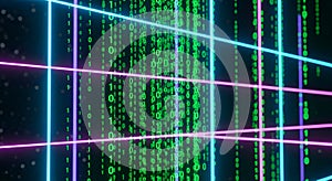 Digital Matrix with Neon Grid Lines Binary Code Flow Background